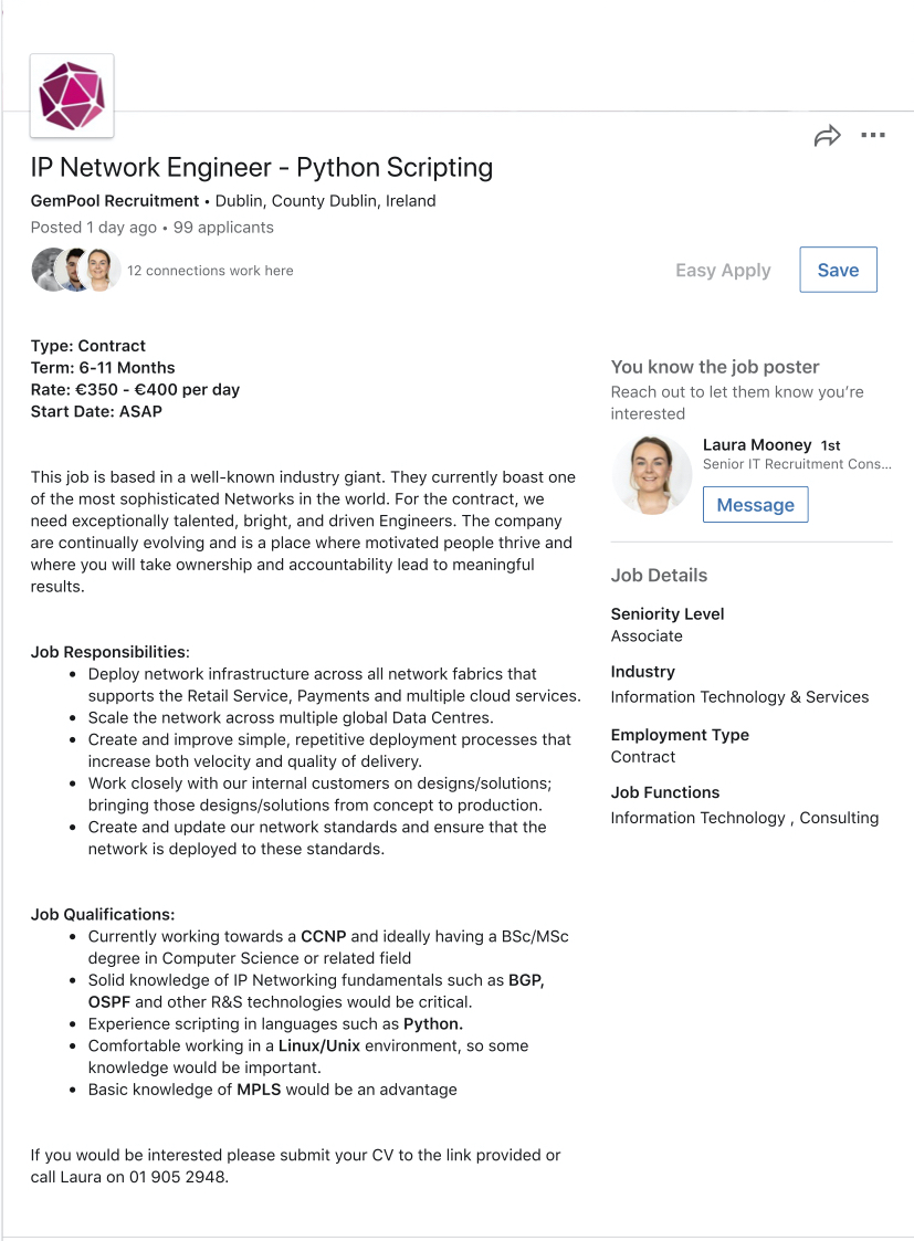 Linkedin Job advert for IP Network Engineer 